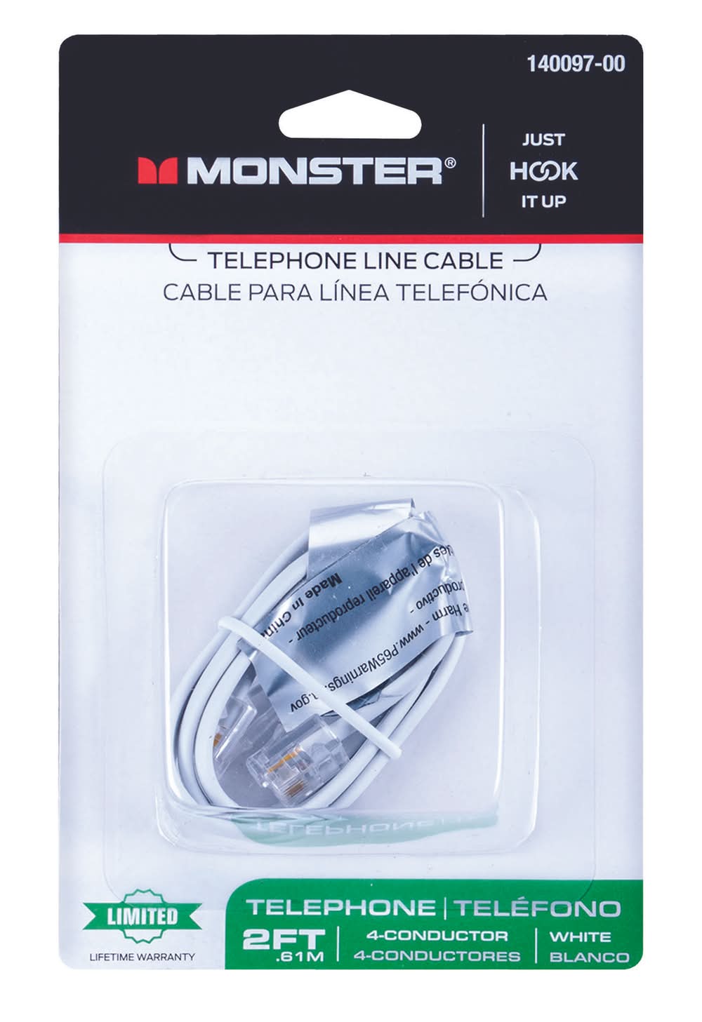 Monster Energy Just Hook It Up 2 Ft. L White Modular Telephone Line Cable