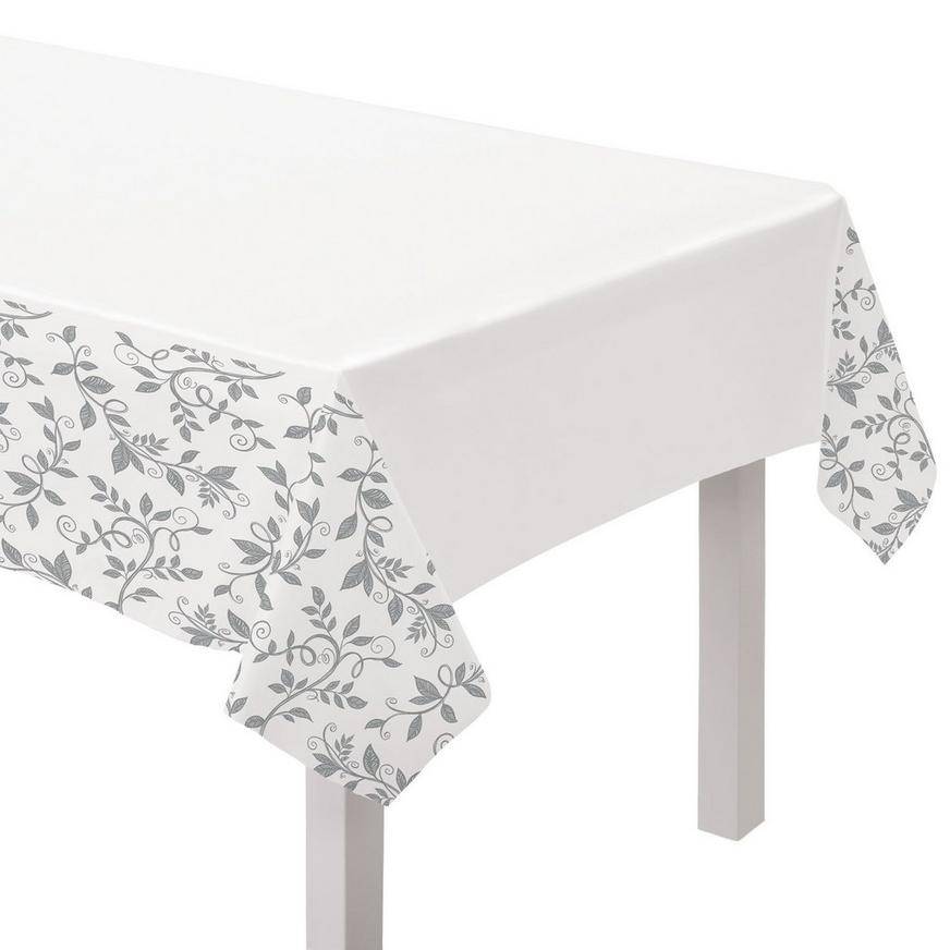 Silver White 25th Anniversary Plastic Table Cover, 54in x 102in
