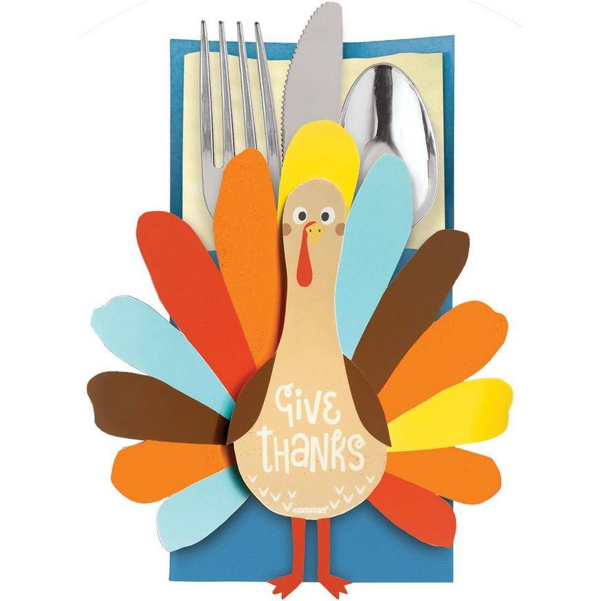 Party City Thanksgiving Turkey Cardstock Cutlery Holders, Unisex, Multi