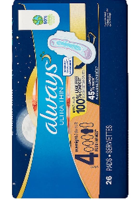Always Ultra Thin Overnight Pads Flexi-Wings, 4 (26 ct)