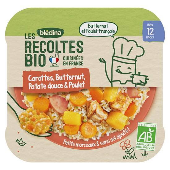 Bledina Les Récoltes Bio - Carottes butternut patates douces et poulet - Dès 12 mois - Biologique 230g
