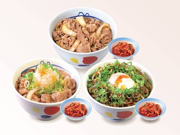 ファミリーで牛めしトリオ（並盛）＋富士山キムチ3個 Triple Sets of 3 different kinds of Regular Serving Beef Bowl and Kimchi Produced at Matsuya Fuji Factory