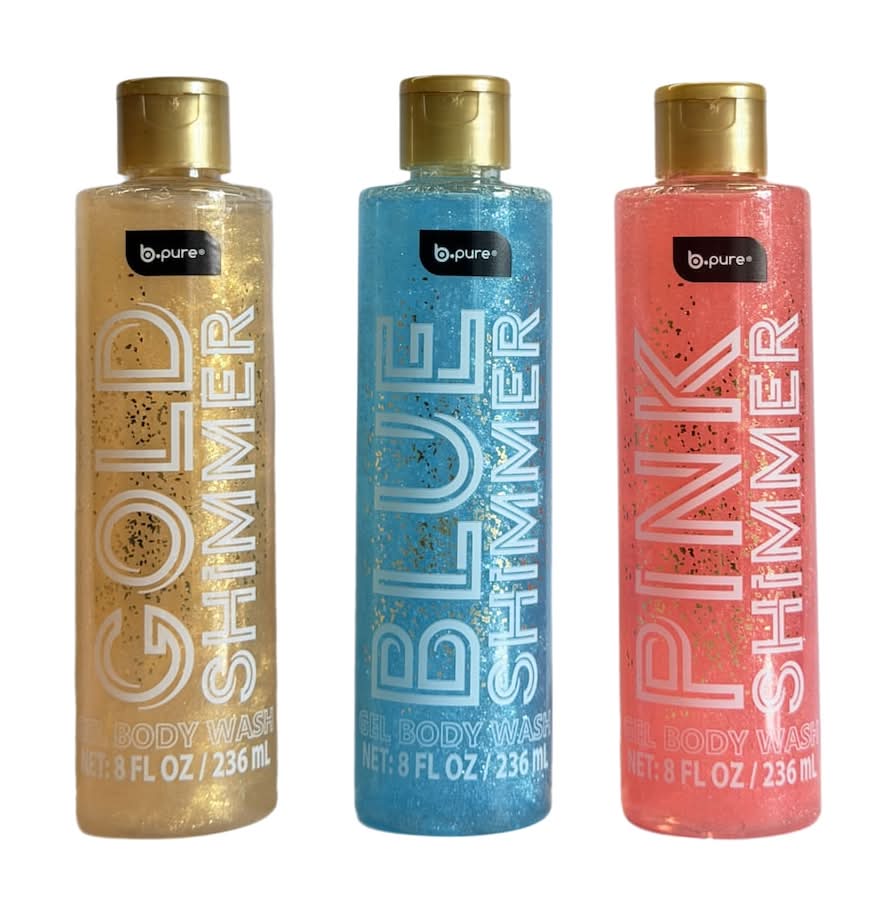 B Pure Sparkling Scented Gel Body Wash, Gold-Blue-Pink (3 x 8 fl oz)