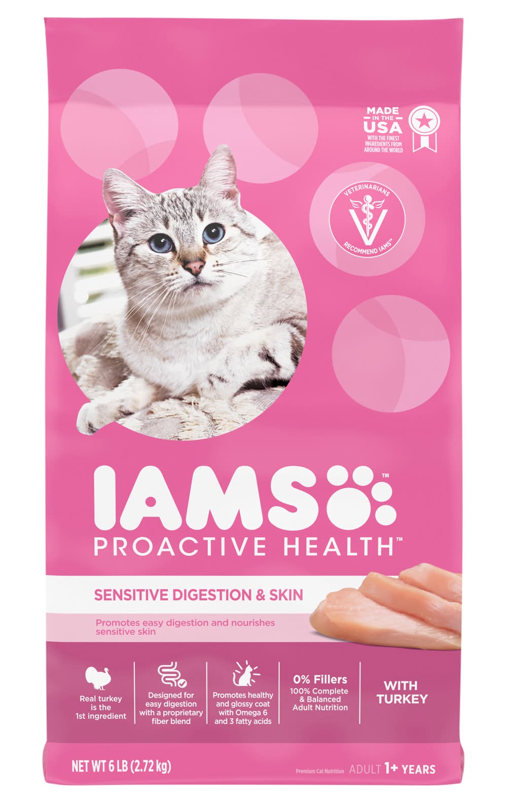 Iams Proactive Health Sensitive Digestion & Skin Dry Cat Food, Turkey, Adult 1+ (6 lbs)