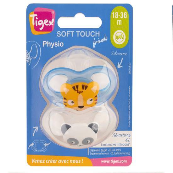 2 sucettes soft touch silicone taille 18-36m tigre panda mixte