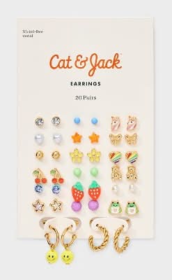 Cat & Jack Girls Bright Cherries & Smileys Nickel-Free Metal Earring Set, 0.3x0.3 in (20 ct)