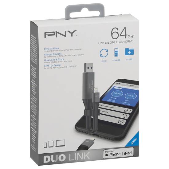 Pny 64gb Duo Link Usb 3.0 Otg Flash Drive For Iphone and Ipad