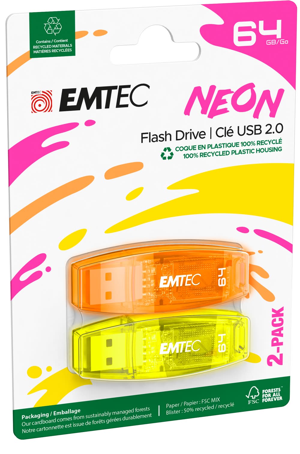 Flash Drive USB 2.0 Assorted Neon 64GB 2 Pack