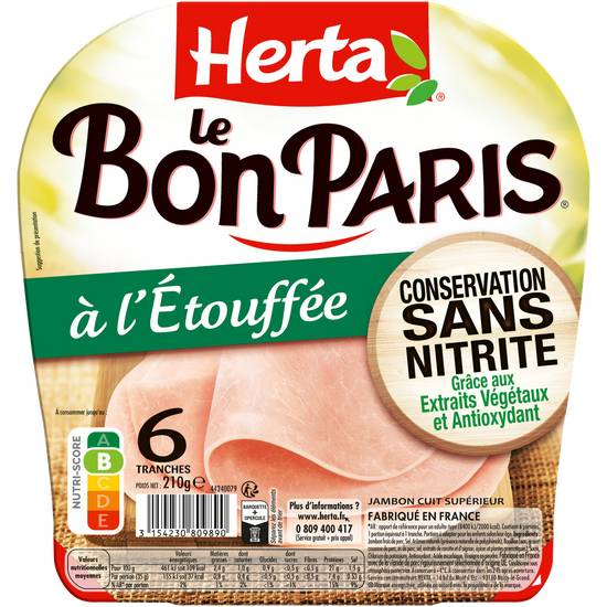 Herta - Le bon Paris jambon à l'étouffé conservation sans nitrites (6 pièces)