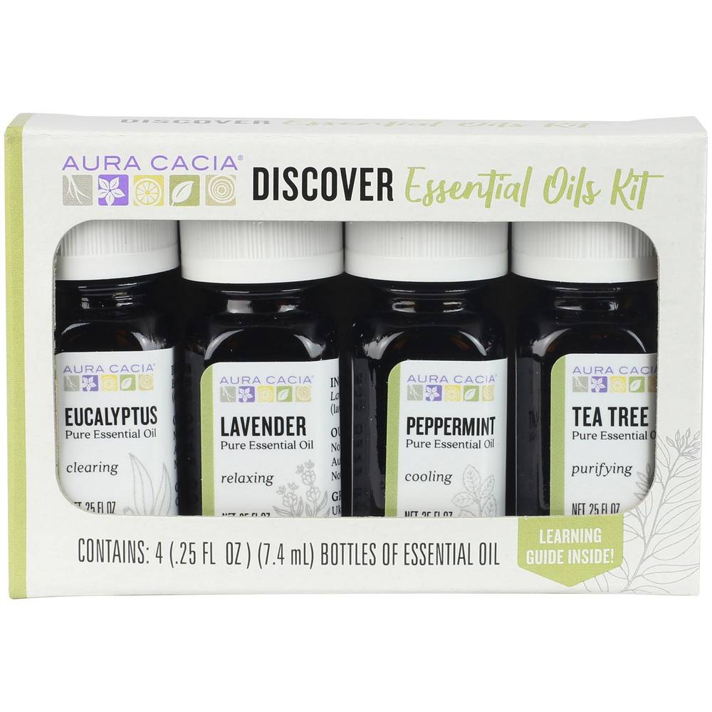 Essential Oils Discover Kit With Eucalyptus, Lavender, Peppermint & Tea Tree (4 Bottles / 0.25 Fl. Oz. Each)