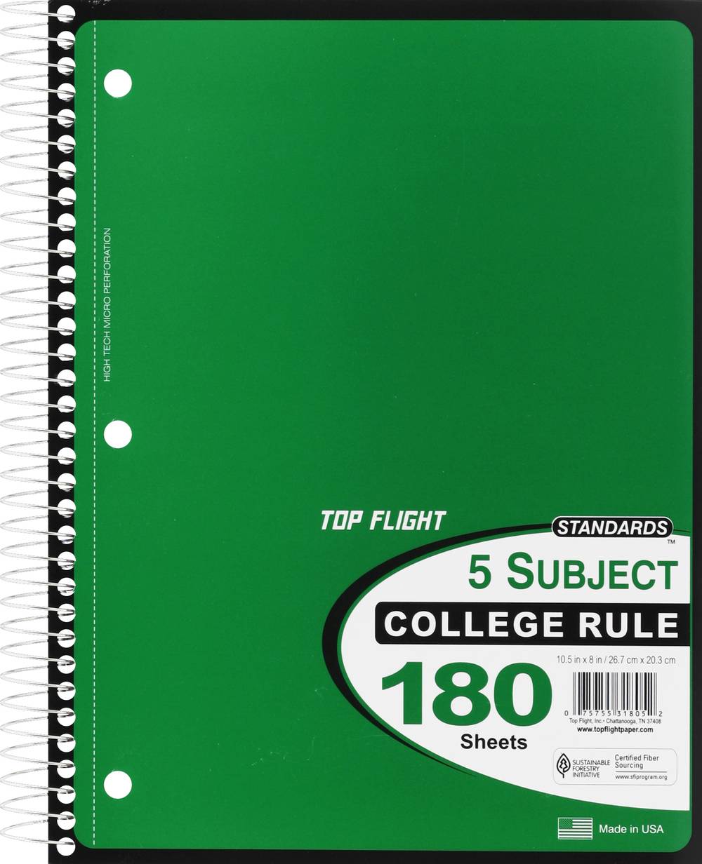 Top Flight 5 Subject College Rule Notebook