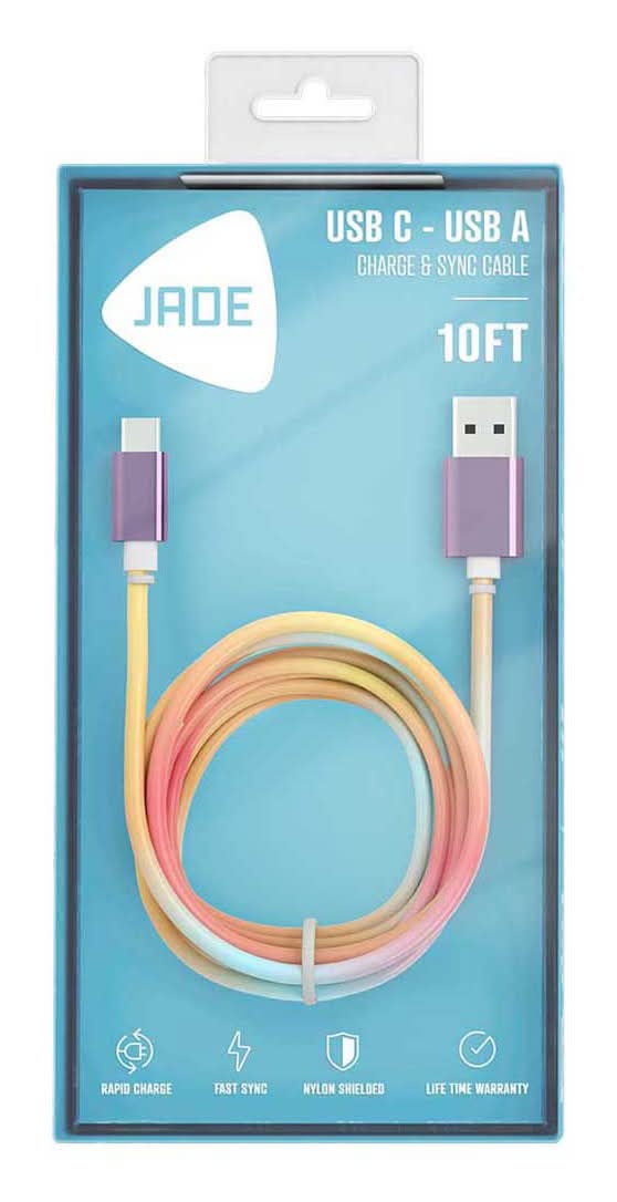 Jade Usb-A To Usb-C Phone Charging Cable, 10 ft, Rainbow