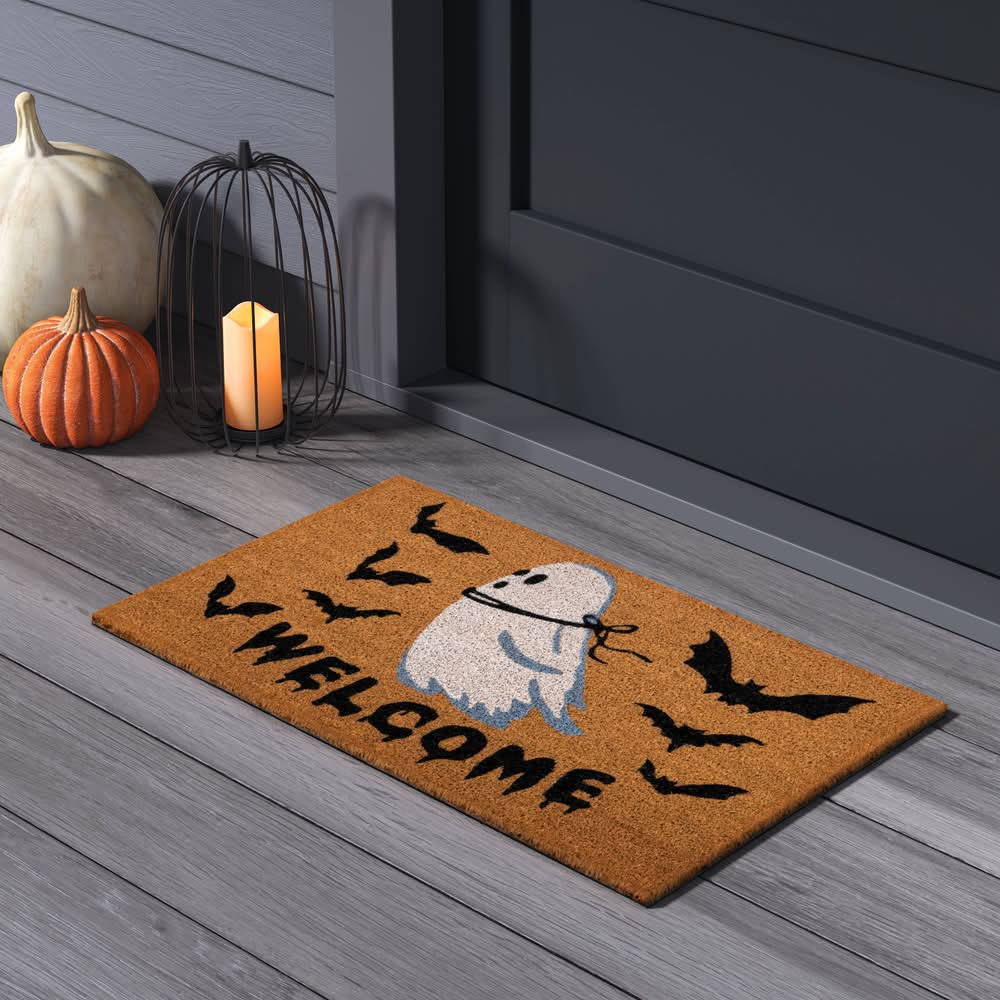 18"x30" Ghost 'Welcome' Bats Bone Parlour Halloween Coir Doormat White/Black - Hyde and EEK! Boutique™