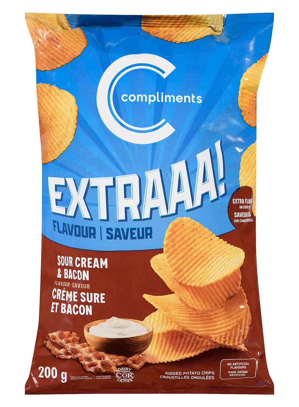 Compliments Extraaa Ridged Potato Chips, Sour Cream - Bacon (200 g)