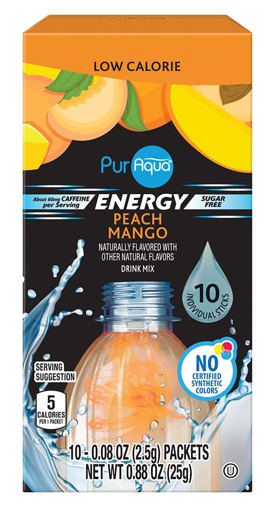 PurAqua Energy Drink Mix Sticks, Peach Mango (10 x 0.08 oz)