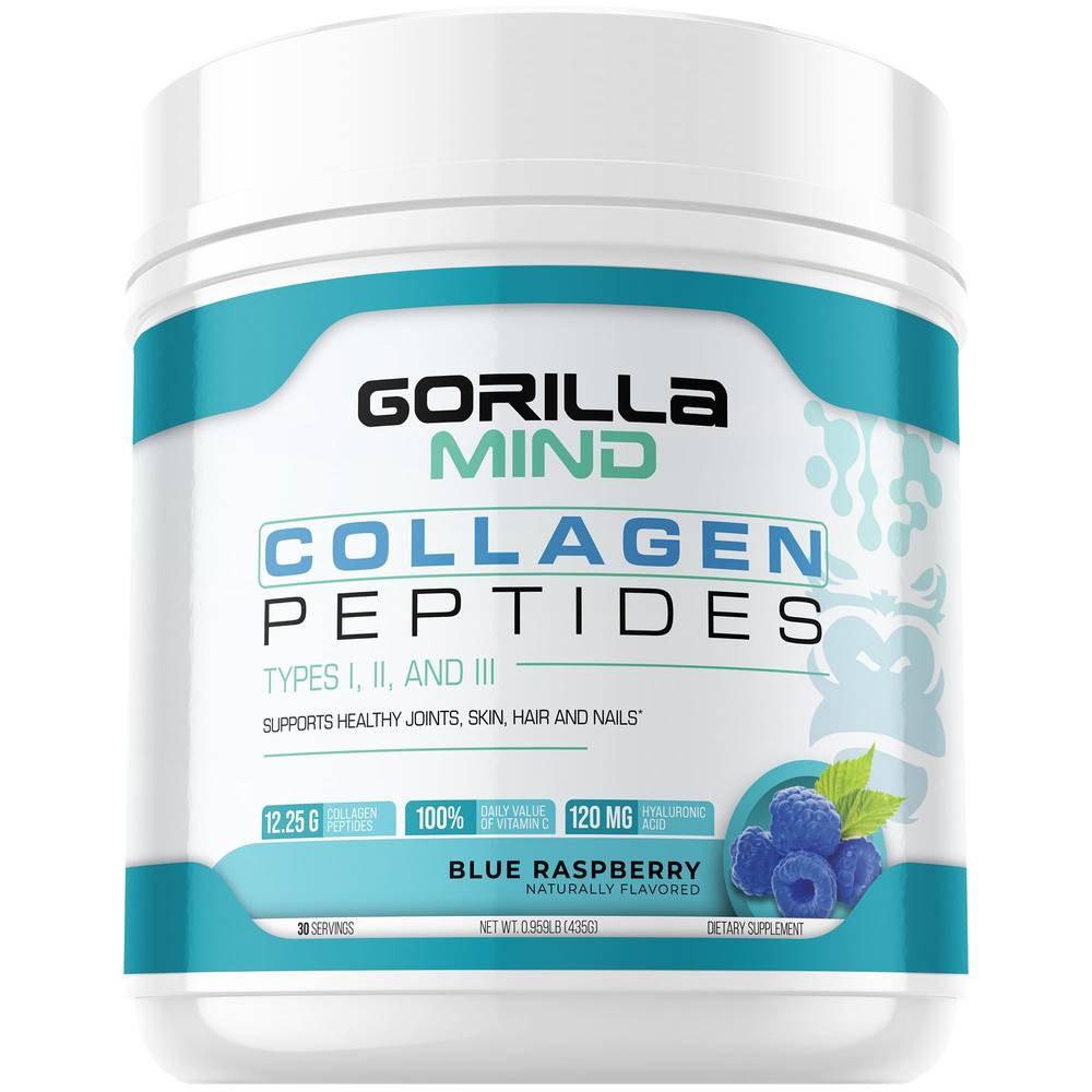 Gorilla Mind Collagen Peptides Powder Dietary Supplement, Blue Raspberry (435 g)