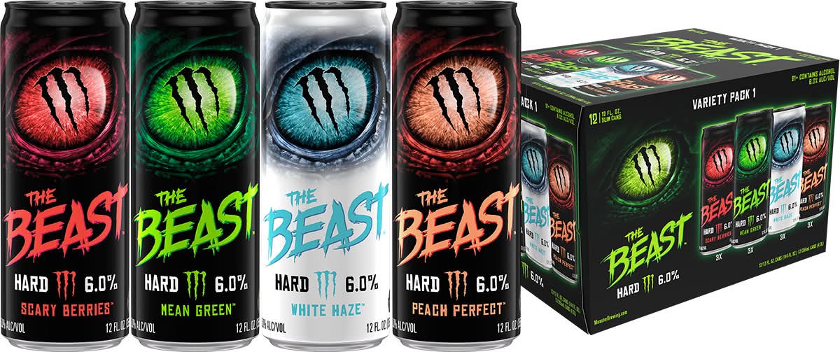 The Beast Unleashed Hard Malt Beverage Variety, Scary Berries-Mean Green-White Haze-Peach Perfect (12 x 12 fl oz)