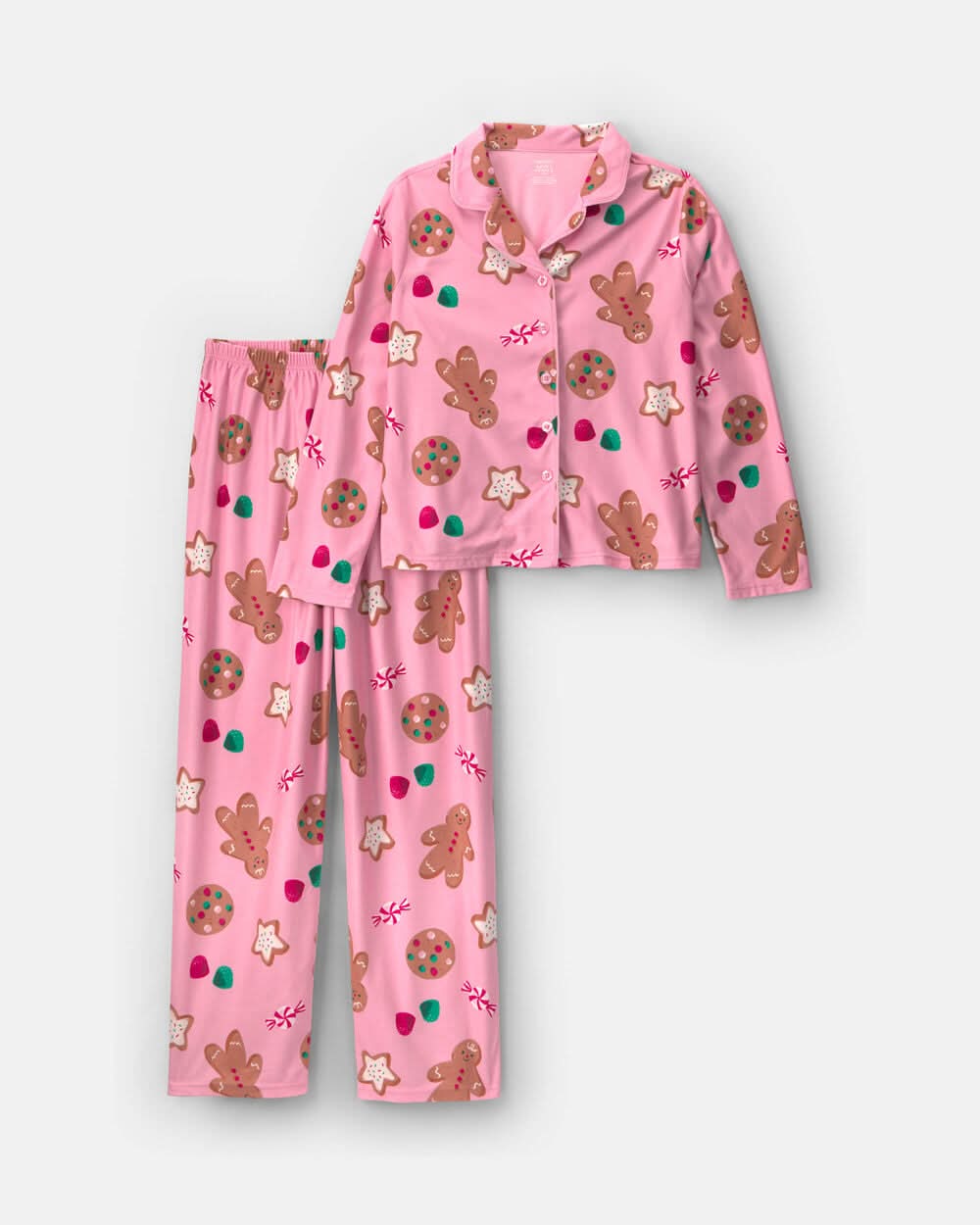 Adult 2-Piece Christmas Gingerbread Fleece Loose Fit Pajama Set - Pink - XL