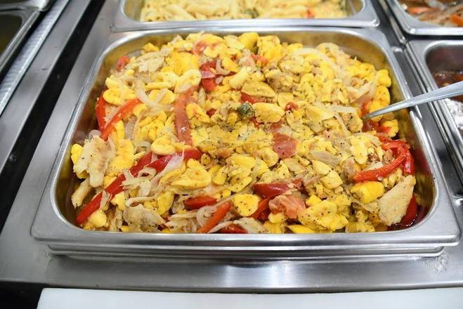 ACkEE & SALTFISH WITH RICE & PEAS CABBAGE AND PLANTAINS SERVED DAILY