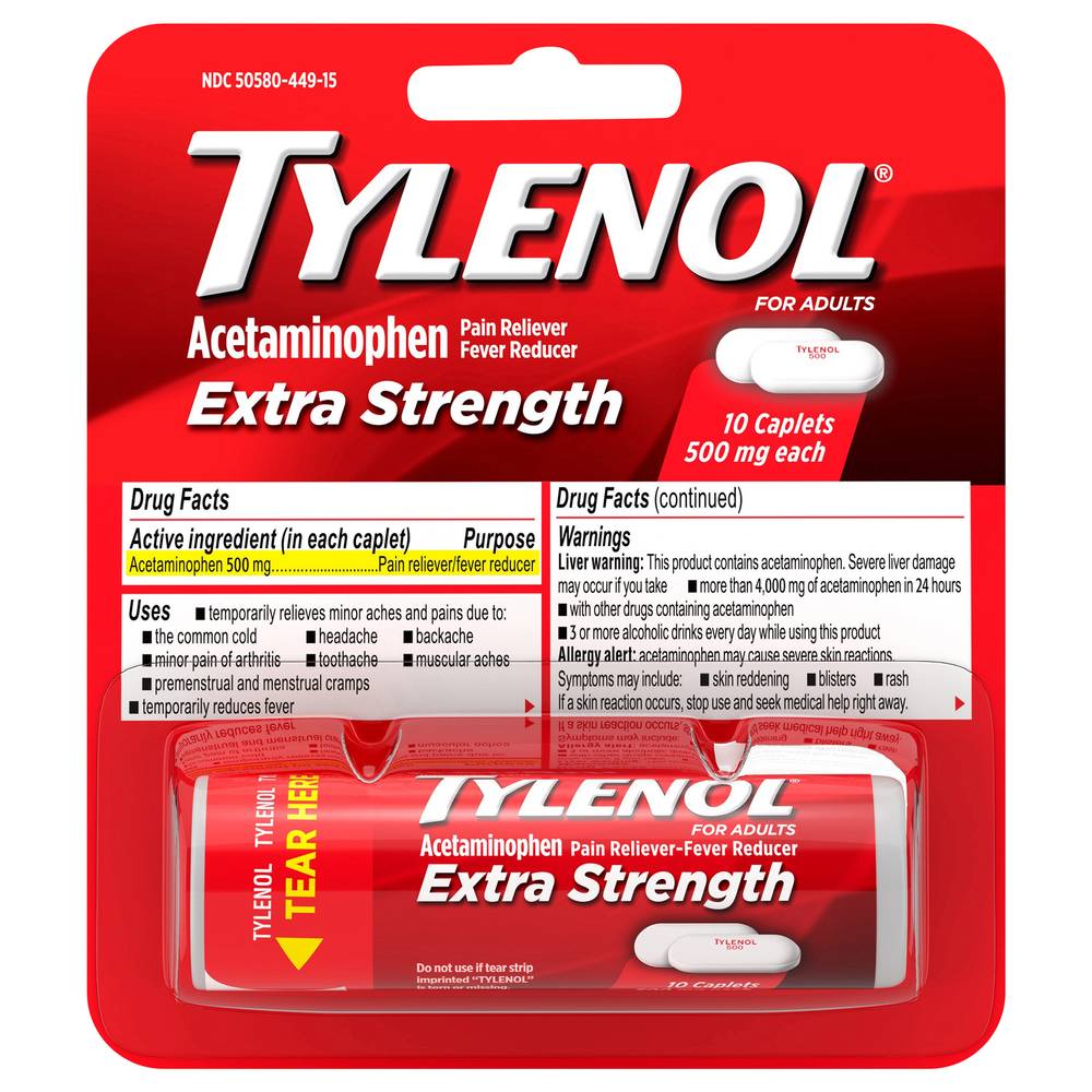 Tylenol Extra Strength Acetaminophen 500 mg Pain Relief (0.8 oz, 10 ct)