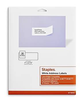 Staples Laser/Inkjet Address Labels, 1 x 2-5/8, White, 30 Labels/Sheet, 25 Sheets/Pack (ST18054-CC)