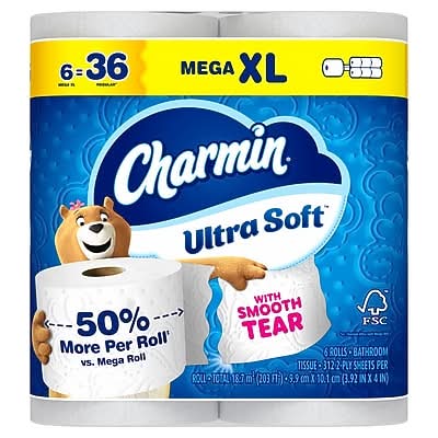 Charmin Ultra Soft Super Mega Toilet Paper, 2-Ply, White, 336 Sheets/Roll, 6 Rolls/Pack (08467)