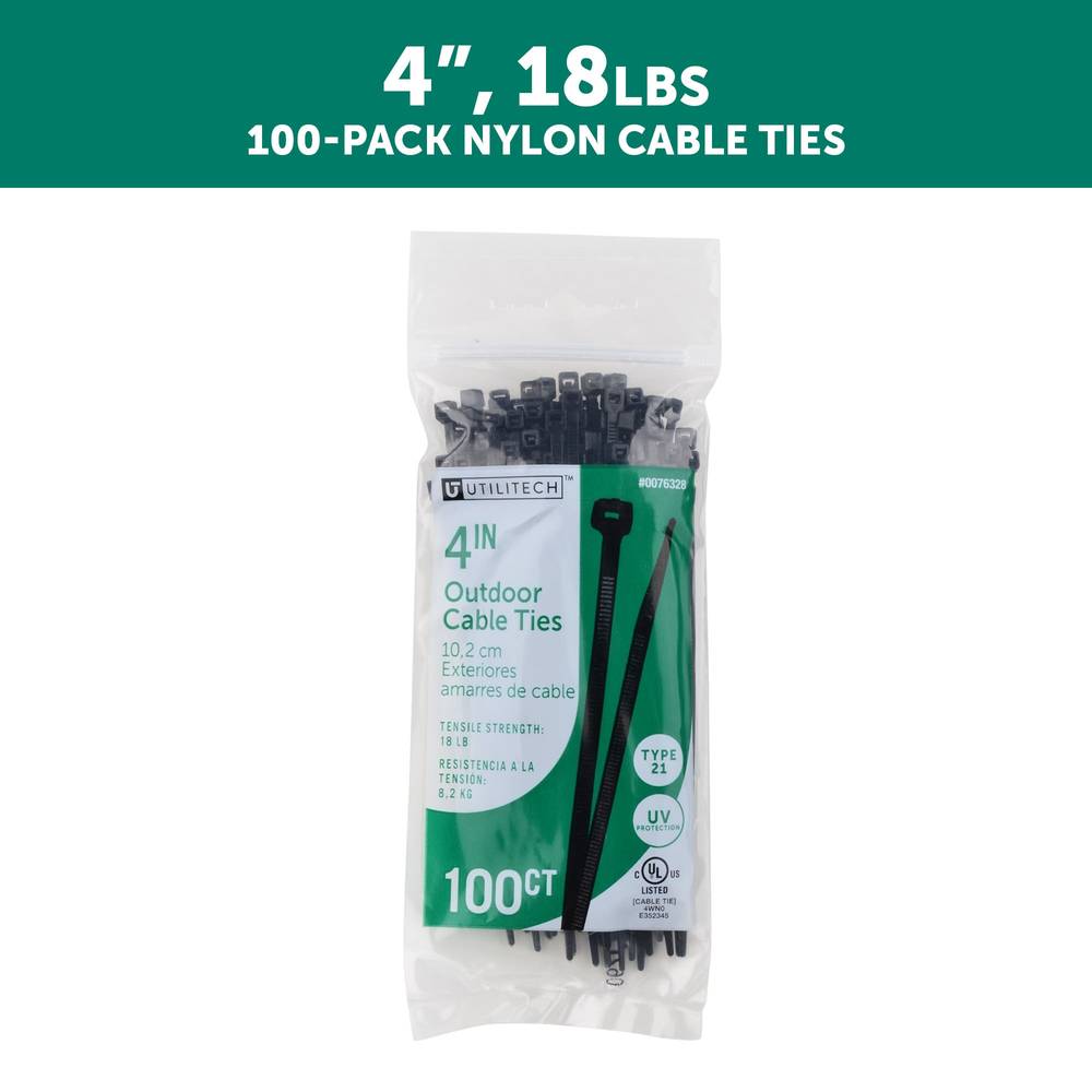 Utilitech 4-in Nylon Zip Ties Black with Uv Protection (100-Pack) | SGY-CT3