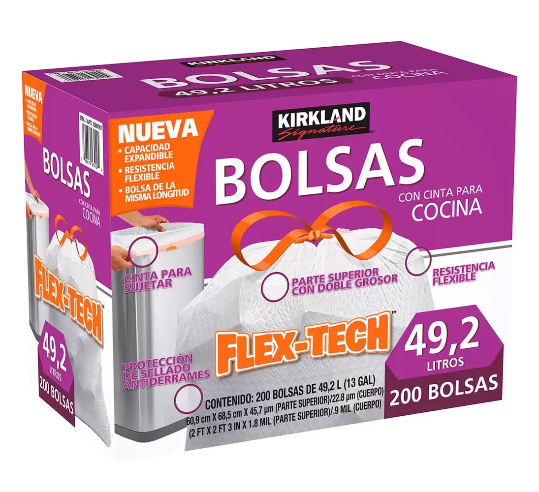 Kirkland Signature · Flex-tech bolsas de plástico con cinta para cocina 49.2 l, 60.96cm x 68.58cm (200 un)