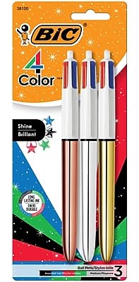 BIC 4-Color Shine Retractable Ballpoint Pen, Medium Point, 1.0mm, Assorted Colors, 3/Pack (MMMTP31-AST)