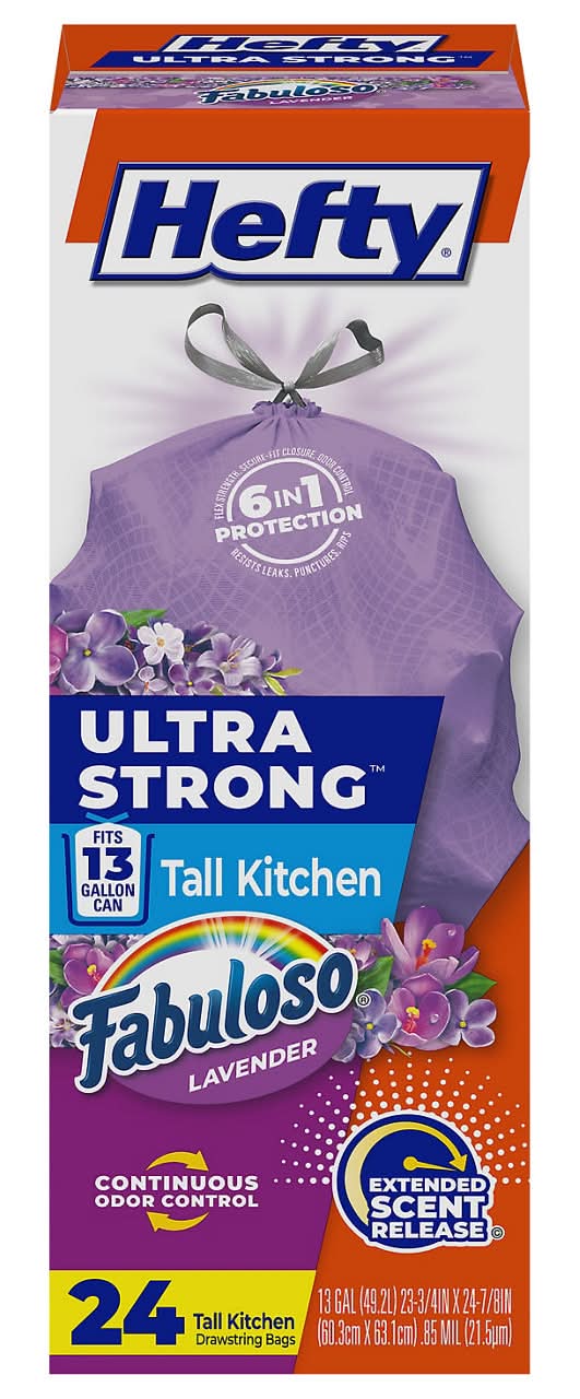 Hefty Ultra Strong Tall Kitchen Trash Bags 13 Gal, Fabuloso Lavender, 23 3/4x24 7/8 in, Purple (24 ct)