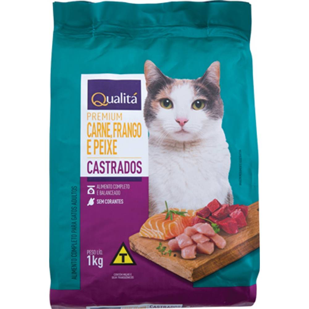 Qualitá ração para gatos castrados adultos sabor peixe, carne e frango (1kg)