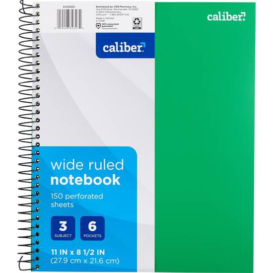 Caliber 3-Subject Notebook, 150 Perforated Sheets, Assorted Colors