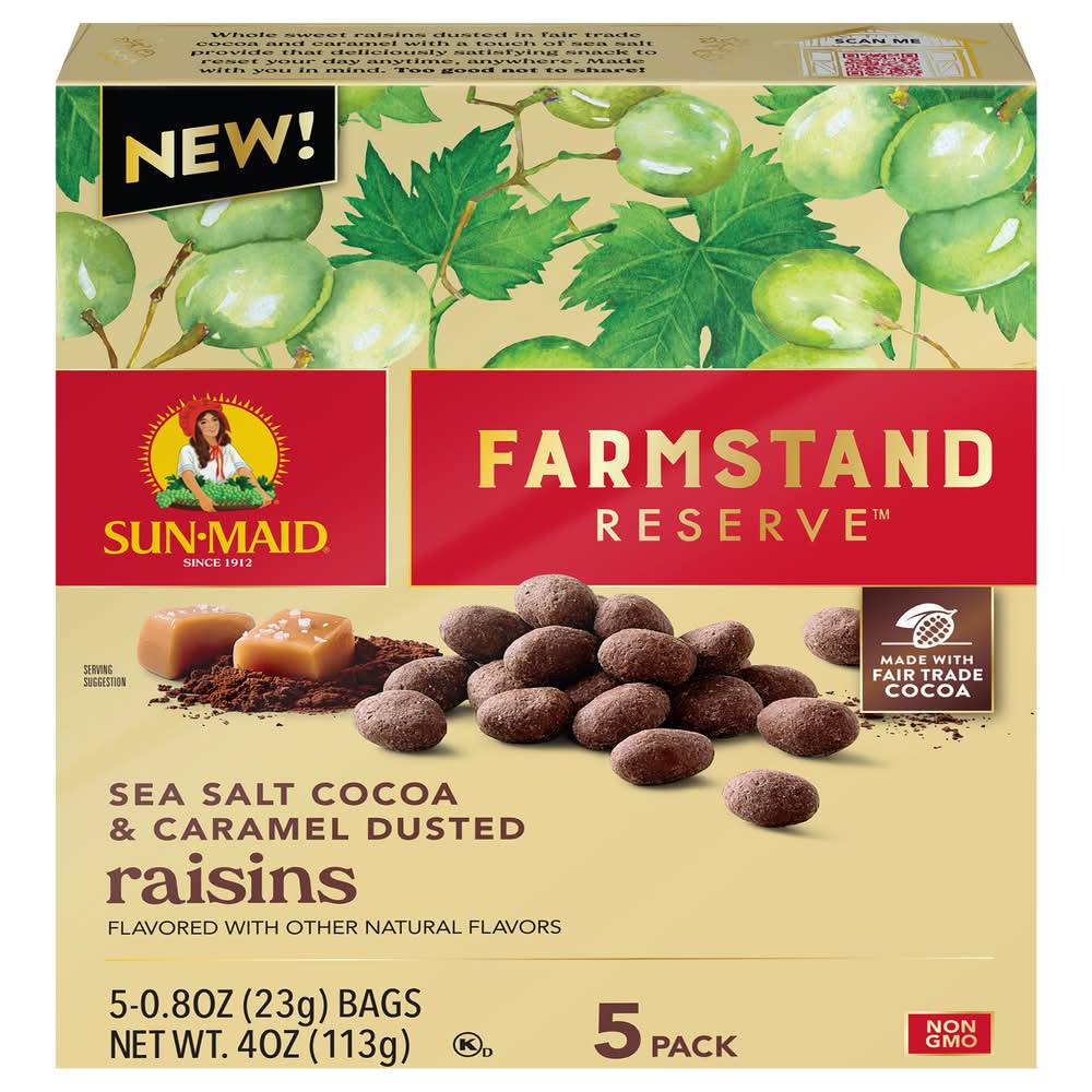 Sun-Maid Farmstand Reserve Raisins, Sea Salt Cocoa & Caramel Dusted (0.8 oz, 5 ct)