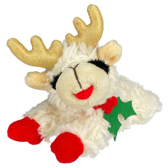 Multipet® Holiday Lamb Chop with Gold Antlers & Holly Dog Toy (Color: White)