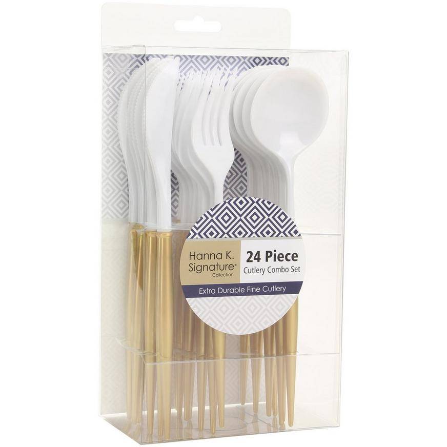 White Gold Extra Durable Fun Cutlery Set, 24pc, Service for 8 - Hanna K. Signature Collection