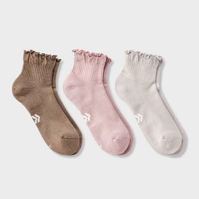 All In Motion Cushioned Ruffle Ankle Socks, Women, 4-10, Pink-Gray-Brown (3 ct)