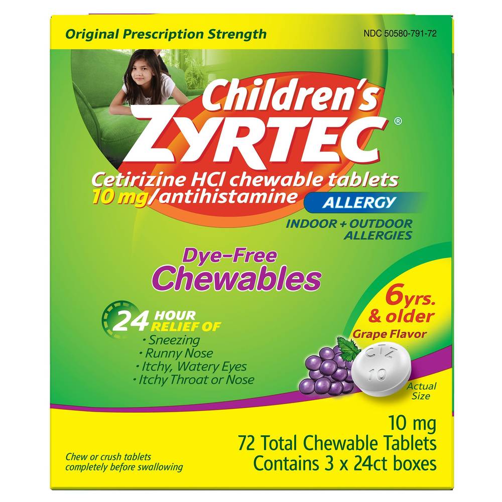 Children's Zyrtec Allergy Cetirizine HCl 10 mg Dye-Free Grape Flavored Chewables, 72 Tablets