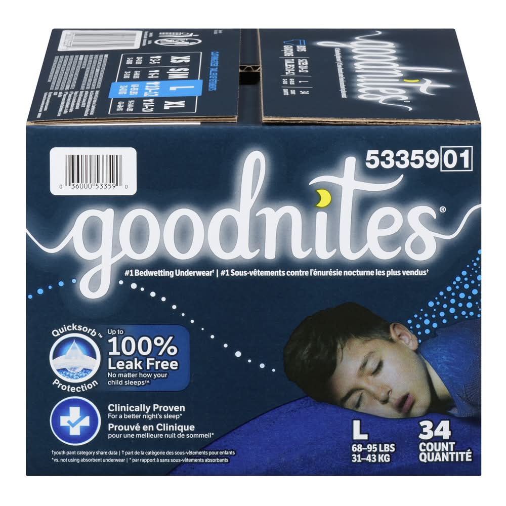 GoodNites Leak Free Nighttime Underwear For Boys, L (34 ct)
