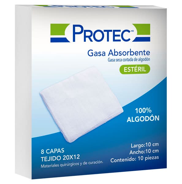 Protec · Gasa seca cortada absorbente estéril de algodón, 10x10 cm (10 un)