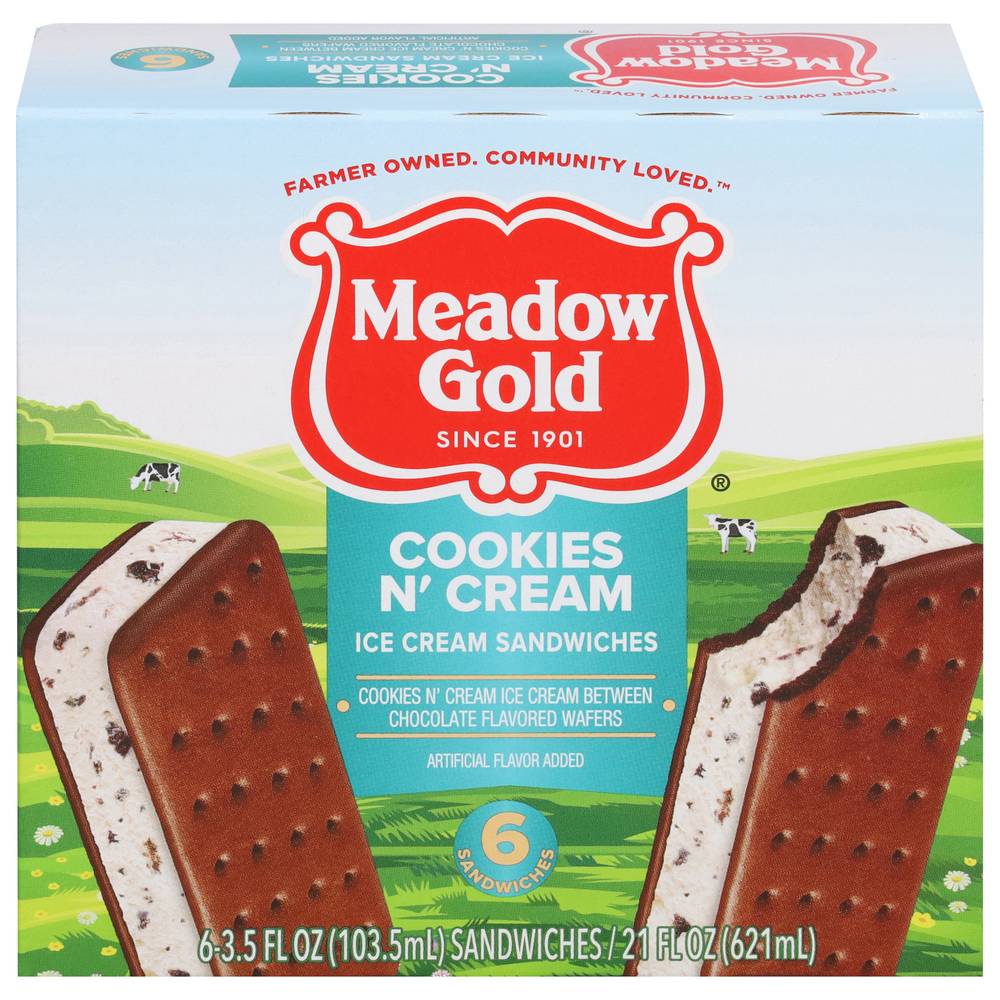 Meadow Gold Cookies N' Cream Ice Cream Sandwiches (21 fl oz, 6 ct)