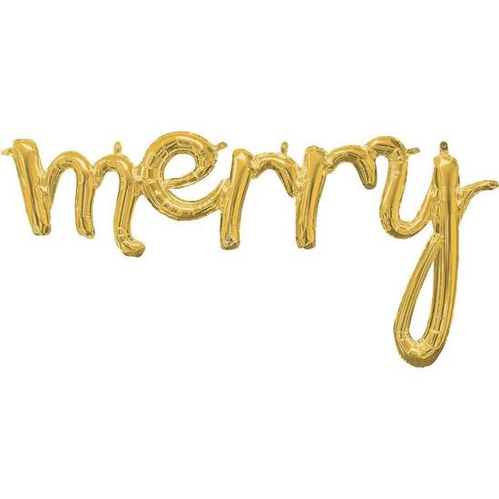 Uninflated Air-Filled Gold Merry Cursive Letter Foil Balloon Banner, 53in x 20in