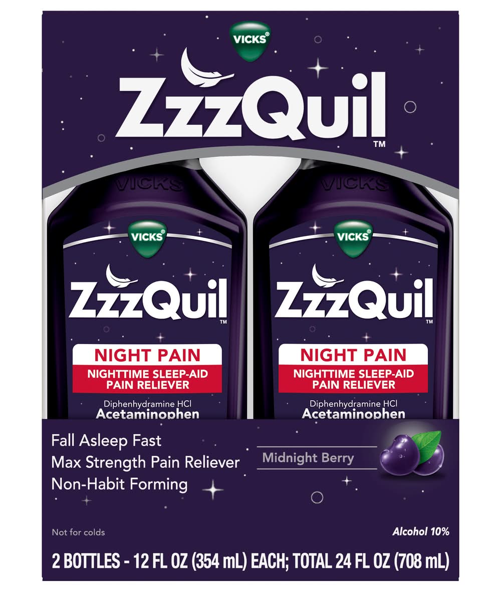 Vicks Zzzquil Nighttime Pain Relief Sleep Aid Liquid, 2 Bottles Of 12 fl Oz, Total 24 fl Oz, Max Strength Pain Reliever, Non-Habit Forming (12 fl oz, 24 fl oz)