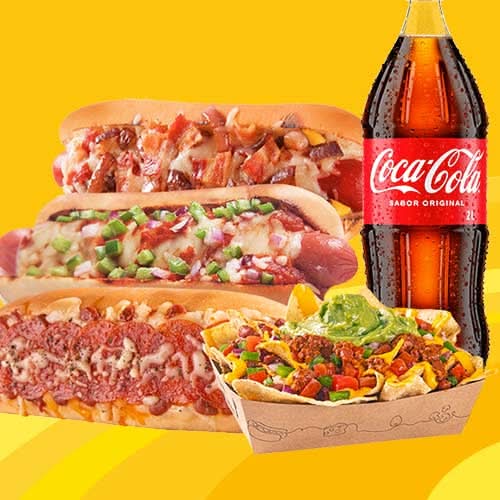 Combo Familiar Premium 3 Hot Dog Premium + 1 Nachos Monster + Coca Cola 2lt