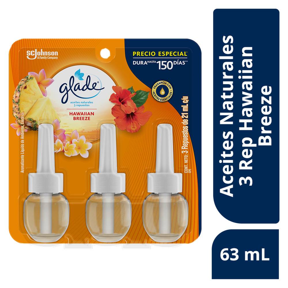 Glade respuesto de aromatizante eléctrico hawaiian breeze (pack 3 x 21 ml)