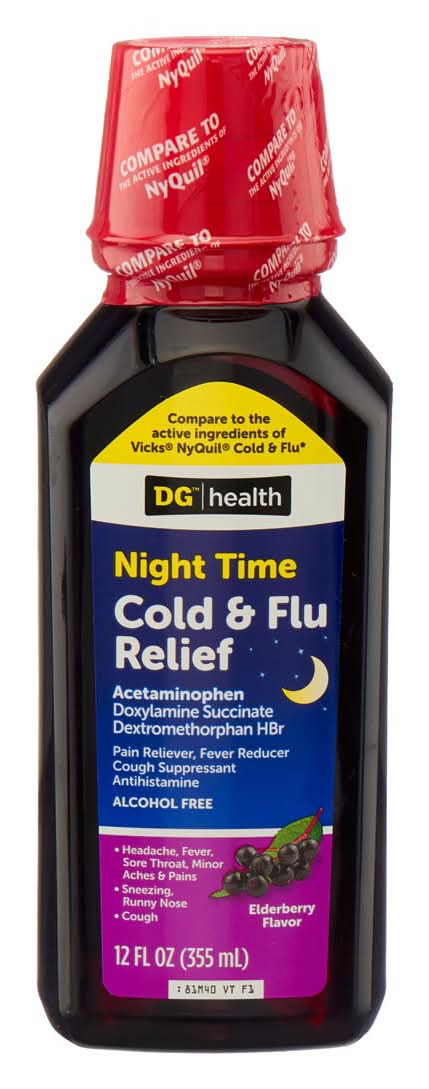 DG Health Night Time Cold & Flu Relief Liquid Drop, Elderberry (12 fl oz)