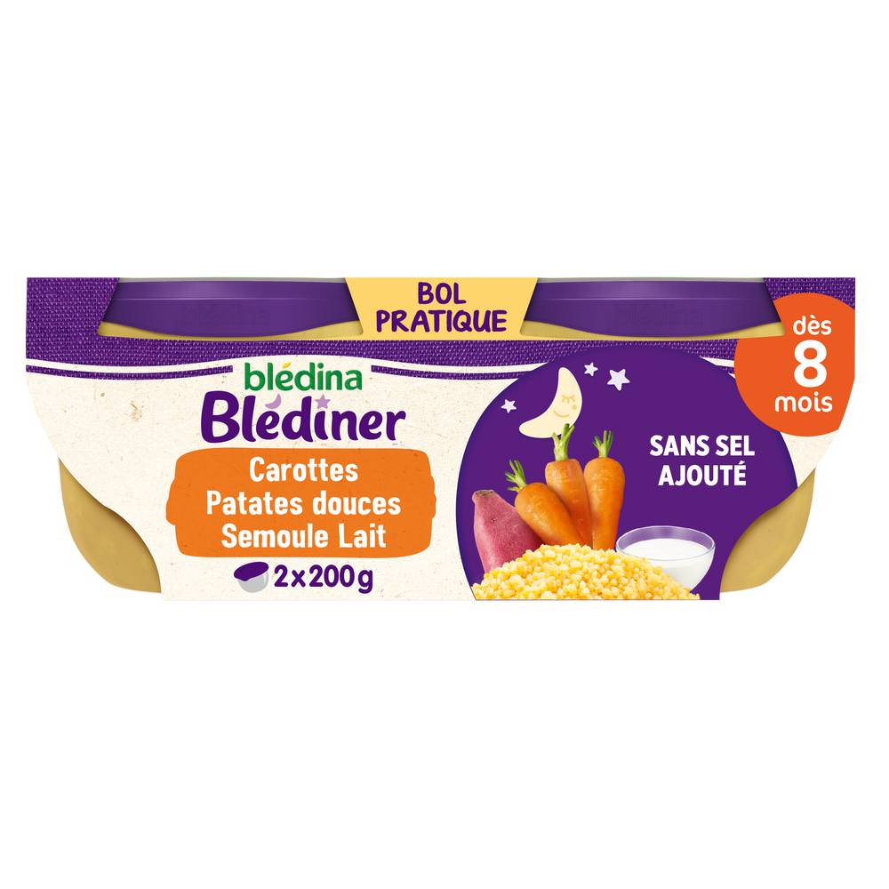 Blédina - Blédiner plat à base de légumes adapté à bébé dès 8 mois (carottes, patates douces, semoule lait)