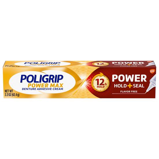 Poligrip Power Max Power Hold + Seal Denture Cream - Flavor Free, 2.2 oz