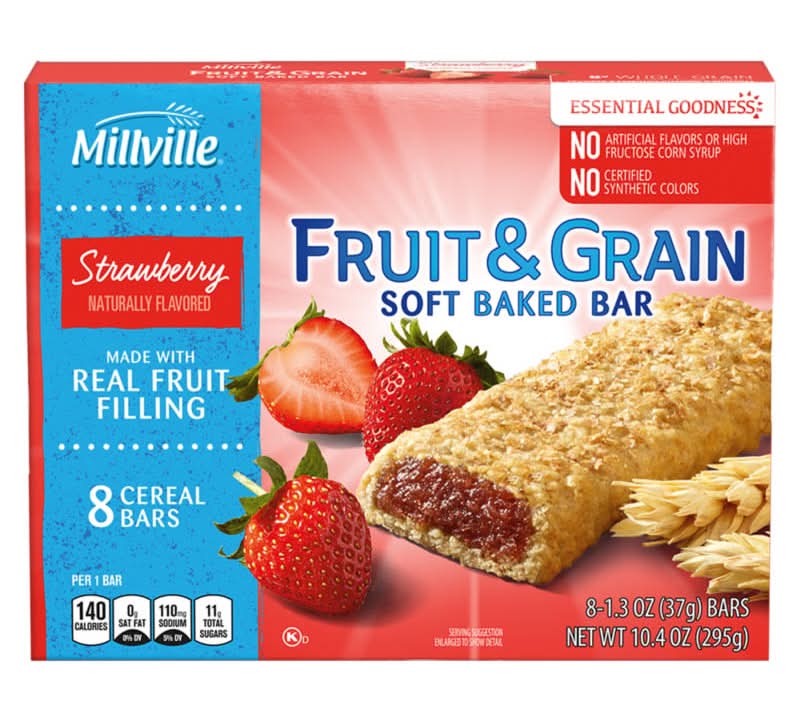 Millville Real Fruit & Grain Filling Soft Baked Cereal Bar, Strawberry (8 x 1.3 oz)