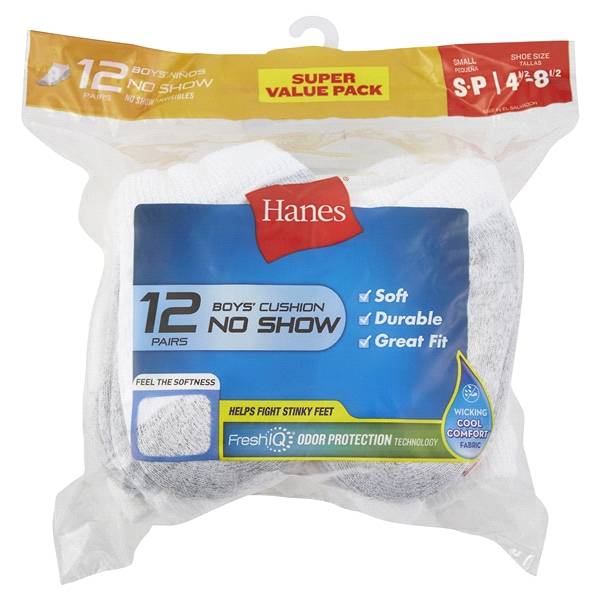 Hanes Boys' No-Show Cushion Socks, White, 12 Pack, Size Small