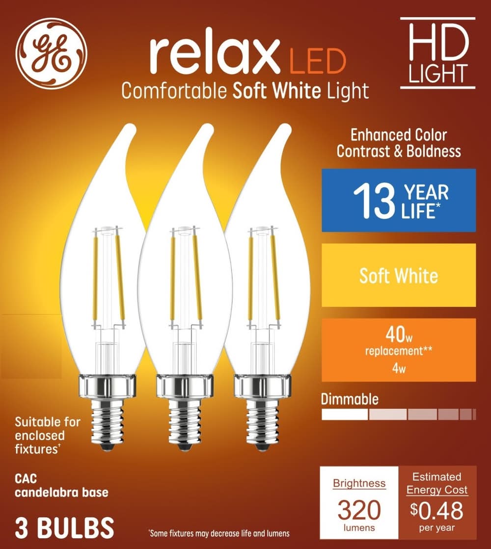 GE Relax HD 40 -Watt EQ CA11 Soft white Candelabra screw base Dimmable LED Decorative Light Bulb 3 -Pack